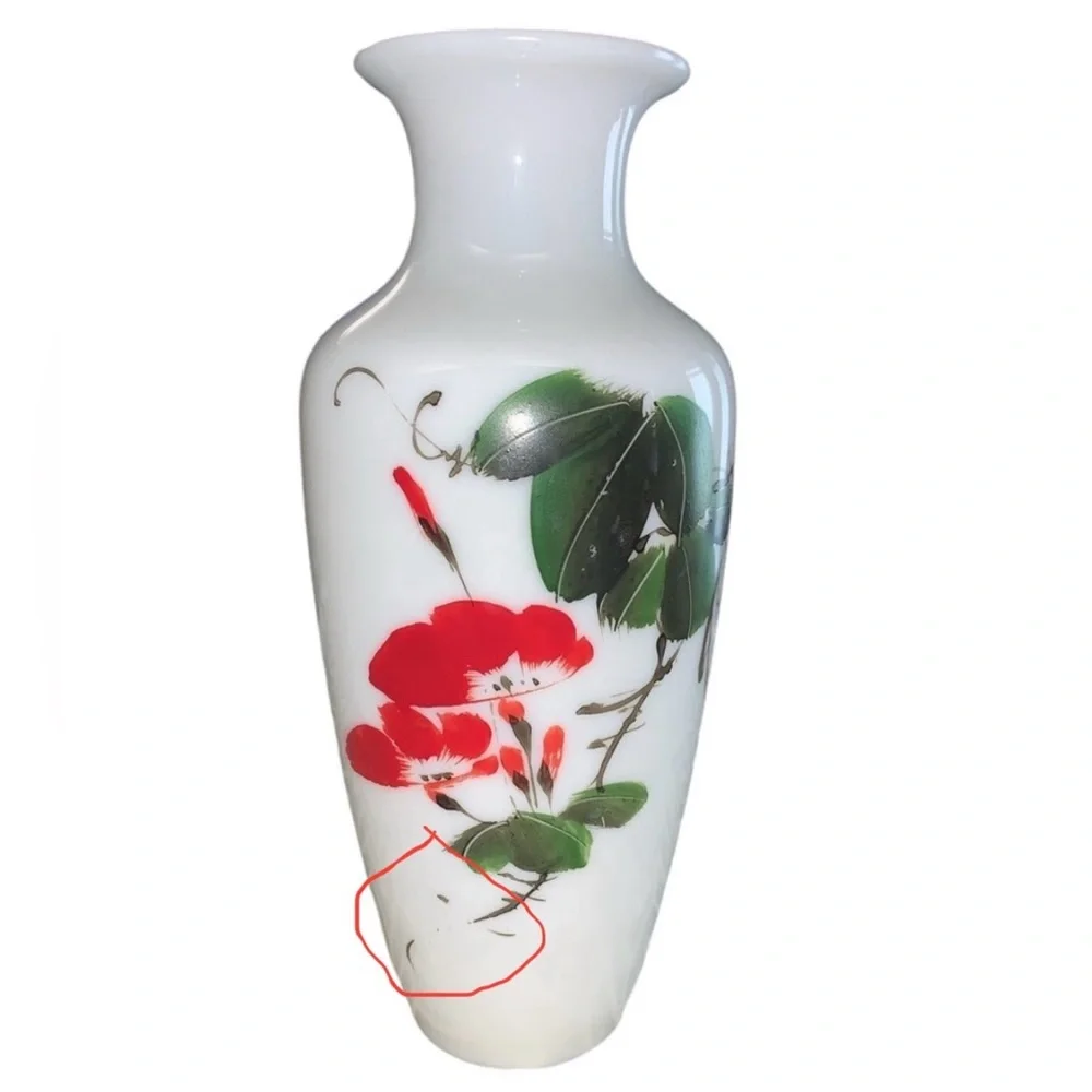 Early 19th Century France,  Opaline Hand Blown,Hand Painted Vases  Green, Red 8”